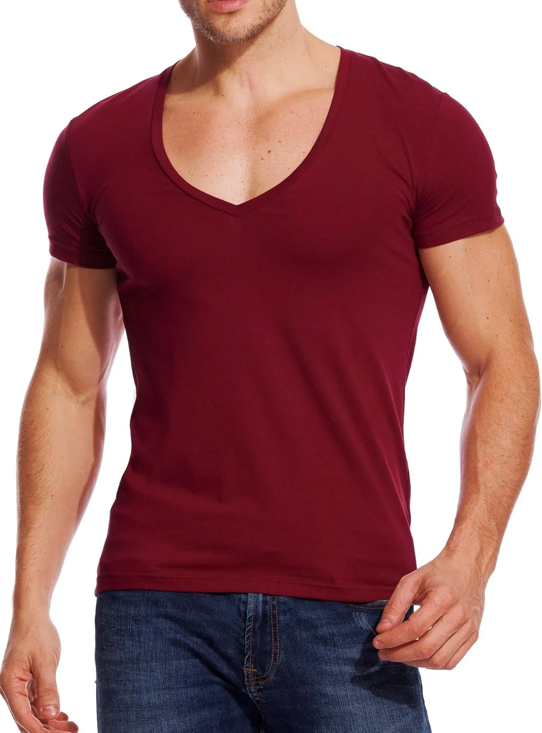 V Neck T Shirts Men Deep V Neck Tee Muscle Slim Fit Low Cut Stretch Tshirt