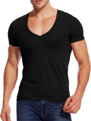 V Neck T Shirts Men Deep V Neck Tee Muscle Slim Fit Low Cut Stretch Tshirt