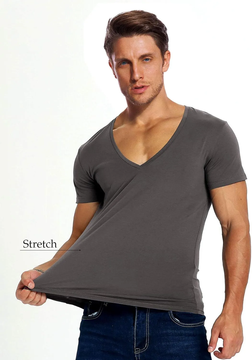 V Neck T Shirts Men Deep V Neck Tee Muscle Slim Fit Low Cut Stretch Tshirt