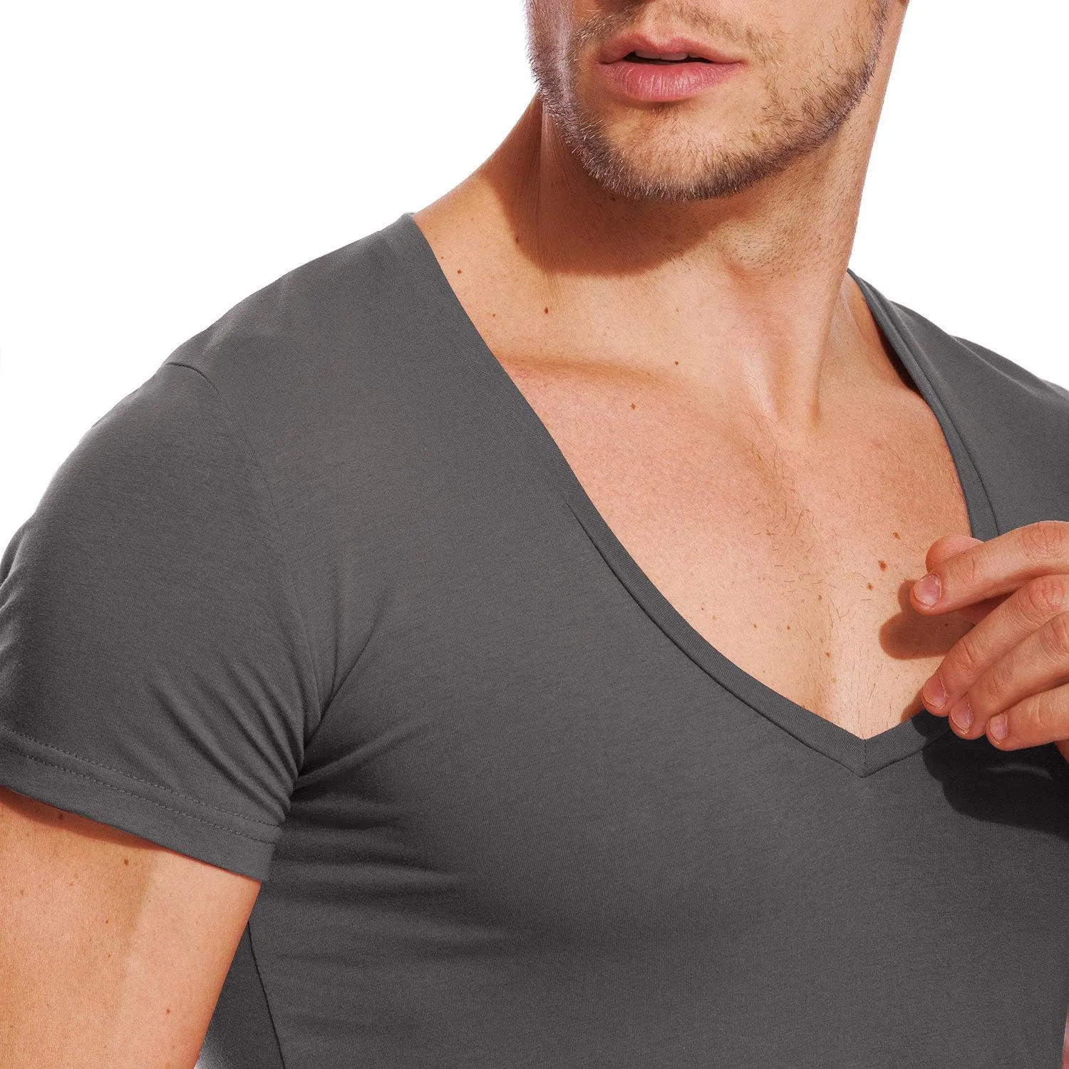 V Neck T Shirts Men Deep V Neck Tee Muscle Slim Fit Low Cut Stretch Tshirt
