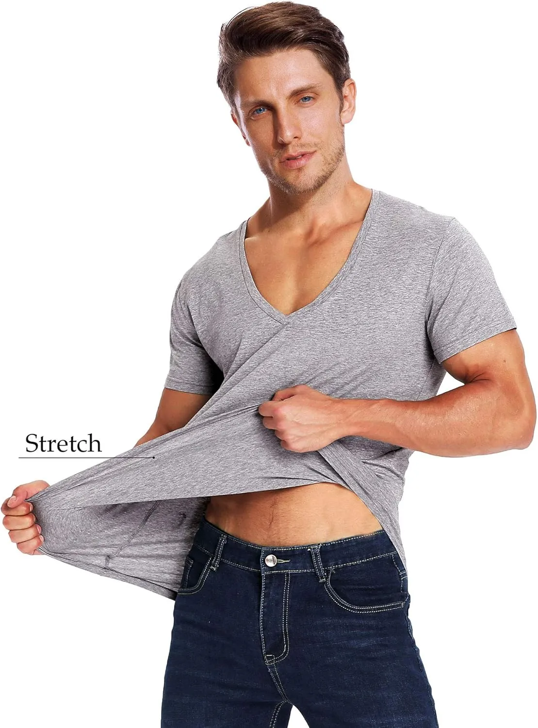V Neck T Shirts Men Deep V Neck Tee Muscle Slim Fit Low Cut Stretch Tshirt