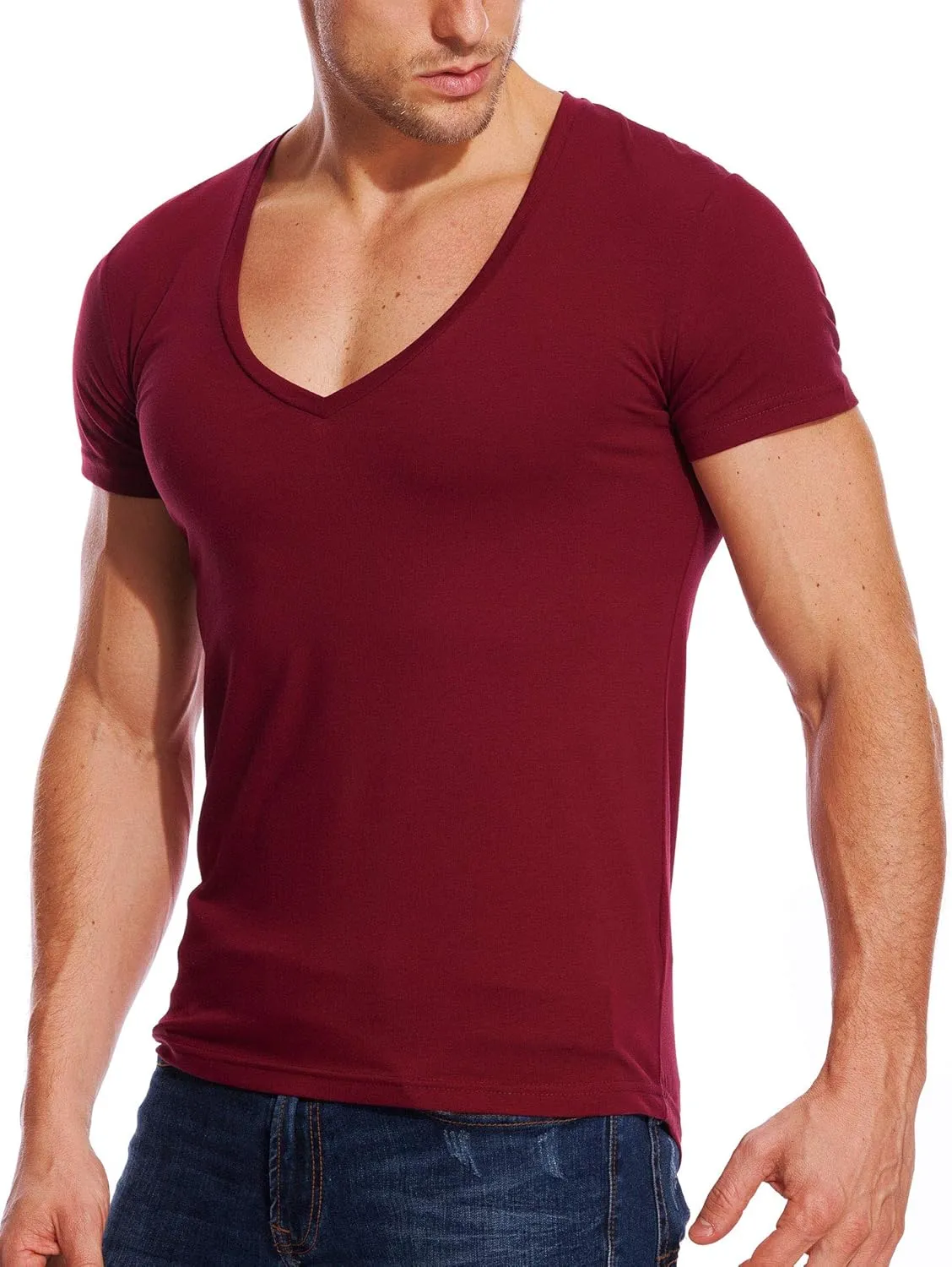 V Neck T Shirts Men Deep V Neck Tee Muscle Slim Fit Low Cut Stretch Tshirt