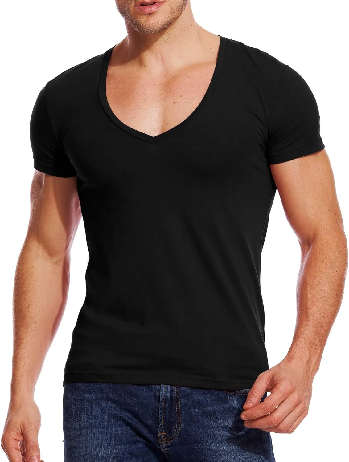 V Neck T Shirts Men Deep V Neck Tee Muscle Slim Fit Low Cut Stretch Tshirt