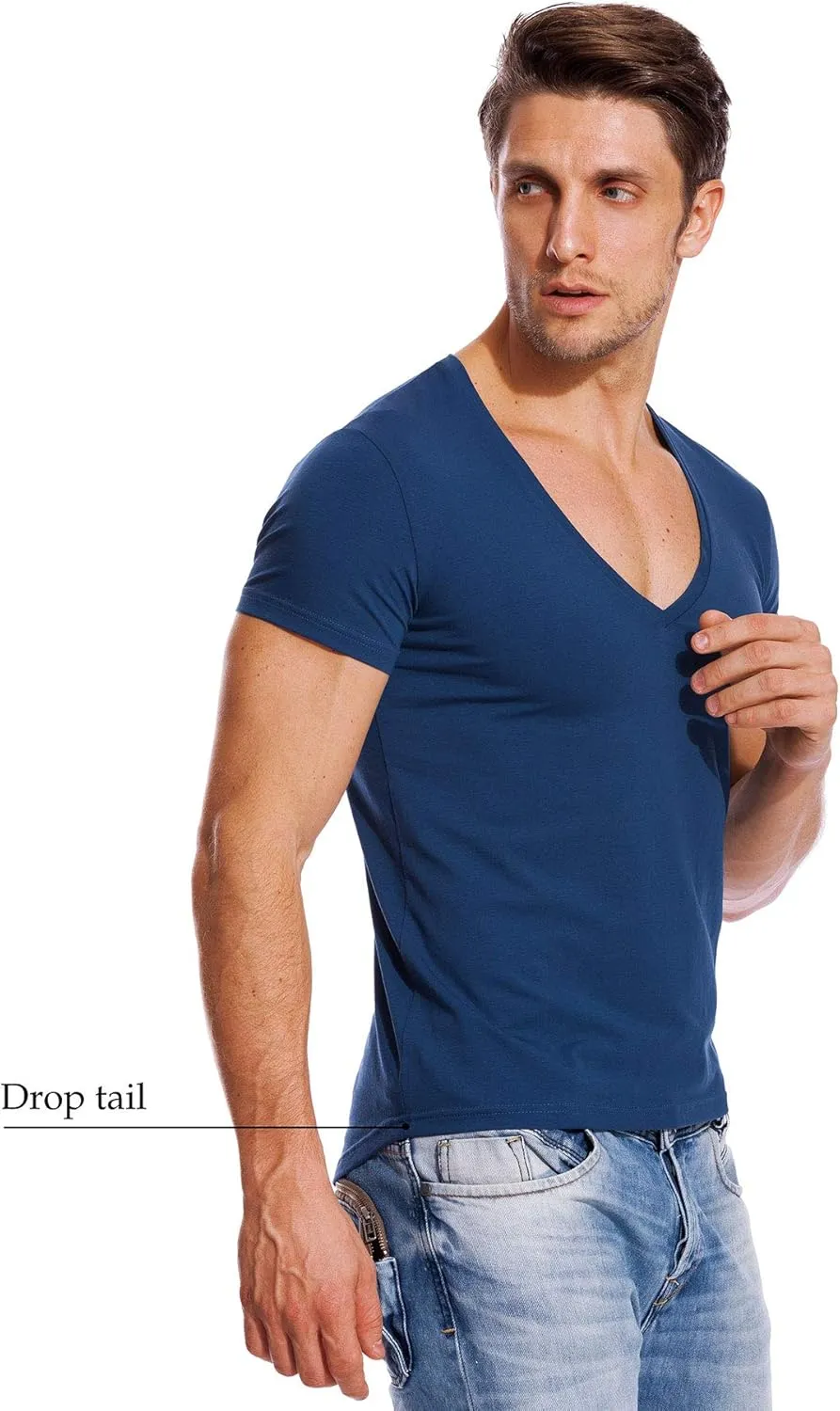 V Neck T Shirts Men Deep V Neck Tee Muscle Slim Fit Low Cut Stretch Tshirt