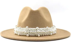 VESNIBA Women's British Fashion Elegant Jazz Hat Pearl Ring with Top Hat Big Brim Hat Ladies Woolen Hat Womens
