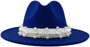 VESNIBA Women's British Fashion Elegant Jazz Hat Pearl Ring with Top Hat Big Brim Hat Ladies Woolen Hat Womens
