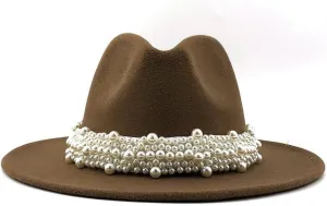 VESNIBA Women's British Fashion Elegant Jazz Hat Pearl Ring with Top Hat Big Brim Hat Ladies Woolen Hat Womens