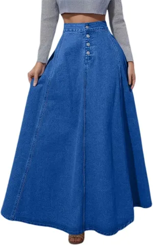 Vintage A Line Denim Skirt for Women Retro Button Front Flare Skirt Stylish Midi Plaid Mini Skirts