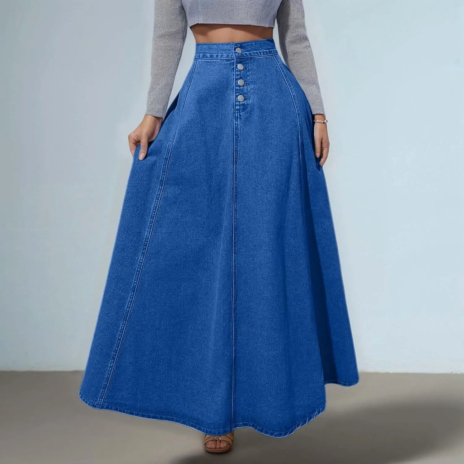Vintage A Line Denim Skirt for Women Retro Button Front Flare Skirt Stylish Midi Plaid Mini Skirts