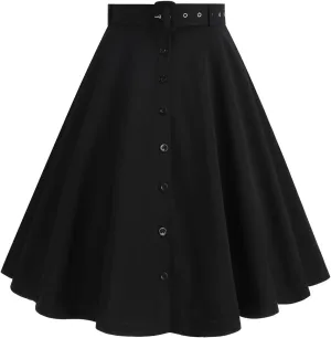 Vintage Midi Skirts for Women Solid Color High Waist Button Front Knee Length A-Line Skirt