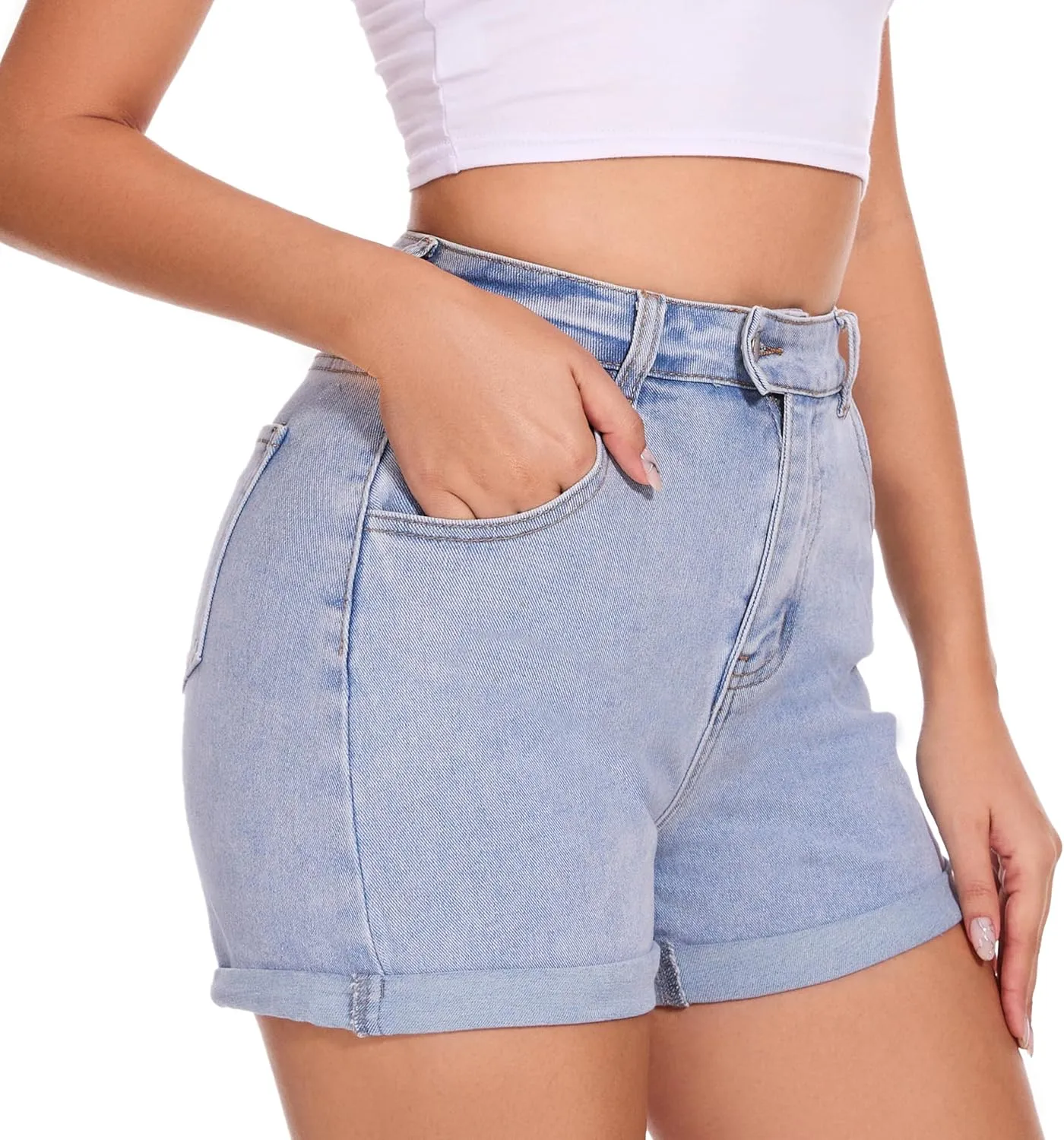 VIPONES Denim Shorts Women Summer Stretchy High Waisted Fold Hem Jean Shorts 3 Inch Inseam
