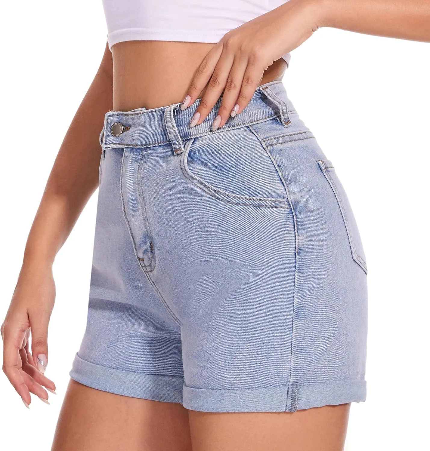 VIPONES Denim Shorts Women Summer Stretchy High Waisted Fold Hem Jean Shorts 3 Inch Inseam