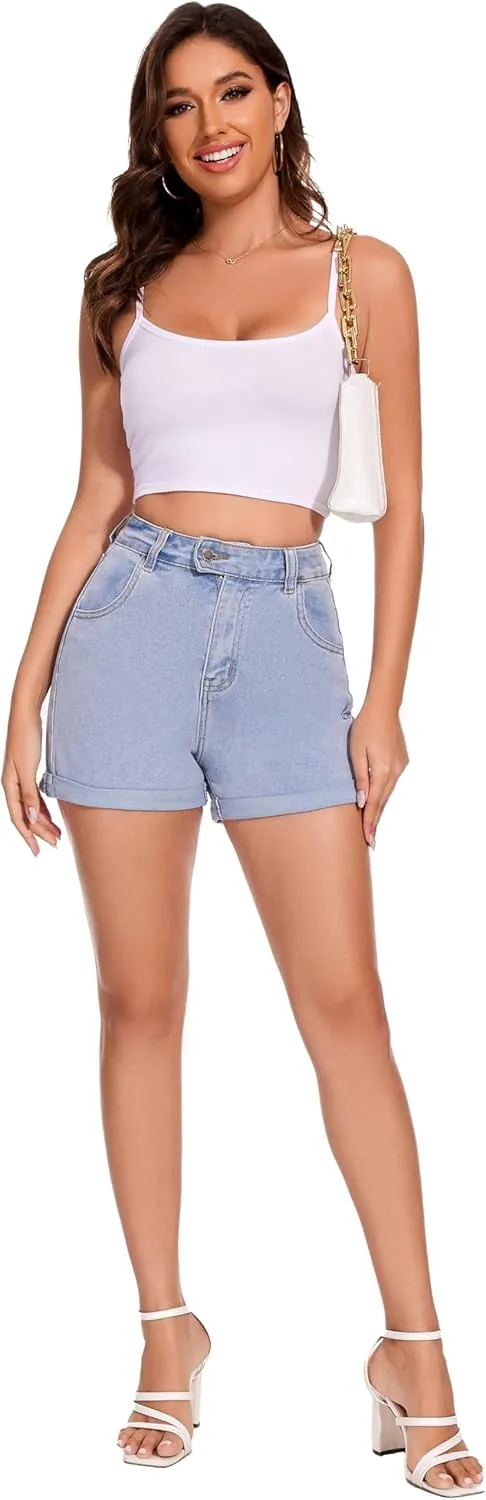 VIPONES Denim Shorts Women Summer Stretchy High Waisted Fold Hem Jean Shorts 3 Inch Inseam