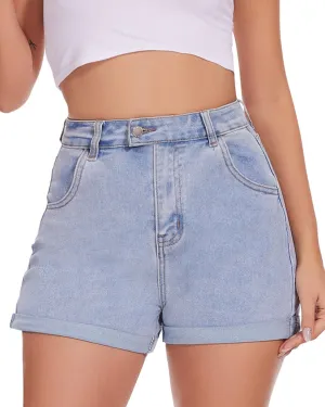 VIPONES Denim Shorts Women Summer Stretchy High Waisted Fold Hem Jean Shorts 3 Inch Inseam