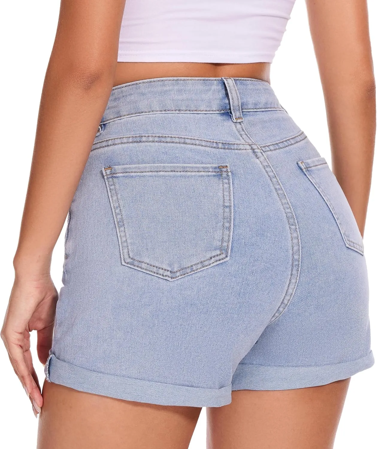 VIPONES Denim Shorts Women Summer Stretchy High Waisted Fold Hem Jean Shorts 3 Inch Inseam