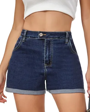 VIPONES Denim Shorts Women Summer Stretchy High Waisted Fold Hem Jean Shorts 3 Inch Inseam