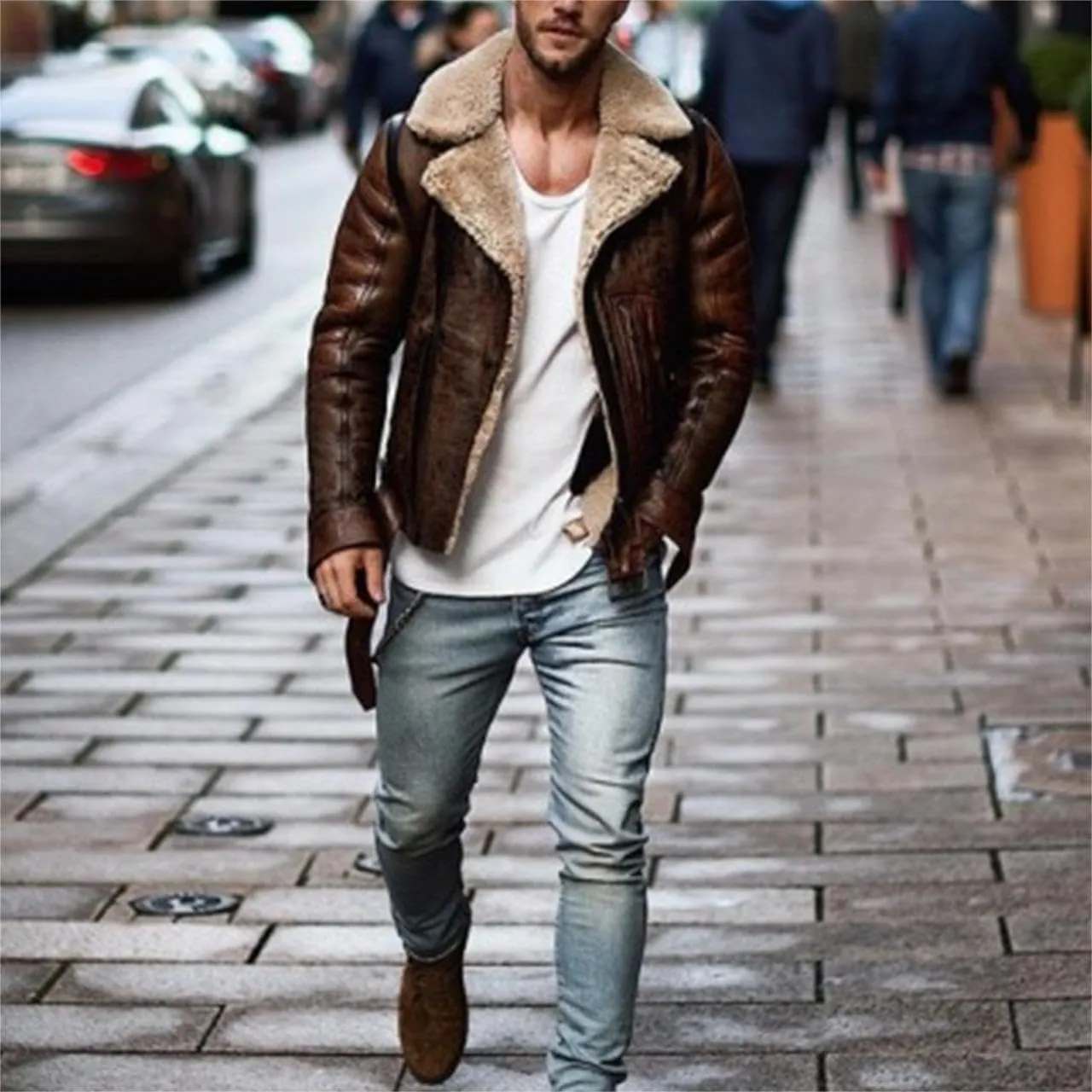 Wankang Men Fleece Lined B3 Bomber Jacket Aviator Faux Shearling Bomber Sherpa Sheepskin Leather Jacket for Men