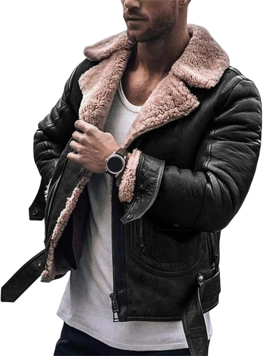 Wankang Men Fleece Lined B3 Bomber Jacket Aviator Faux Shearling Bomber Sherpa Sheepskin Leather Jacket for Men