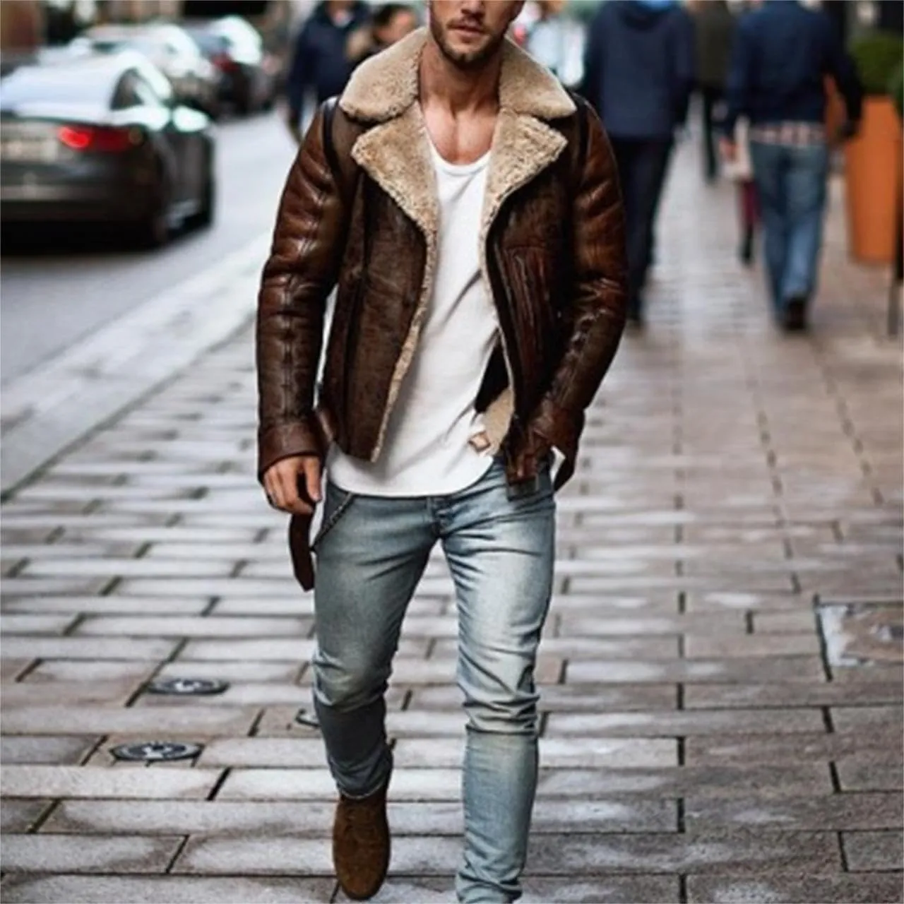 Wankang Men Fleece Lined B3 Bomber Jacket Aviator Faux Shearling Bomber Sherpa Sheepskin Leather Jacket for Men