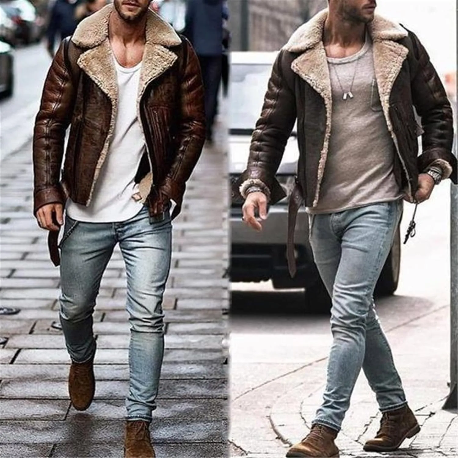 Wankang Men Fleece Lined B3 Bomber Jacket Aviator Faux Shearling Bomber Sherpa Sheepskin Leather Jacket for Men