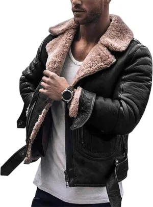 Wankang Men Fleece Lined B3 Bomber Jacket Aviator Faux Shearling Bomber Sherpa Sheepskin Leather Jacket for Men