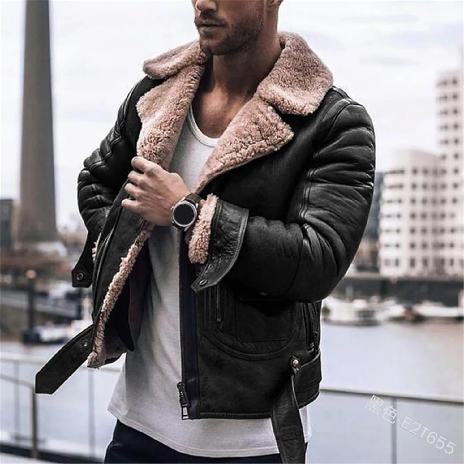 Wankang Men Fleece Lined B3 Bomber Jacket Aviator Faux Shearling Bomber Sherpa Sheepskin Leather Jacket for Men