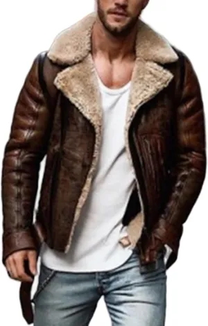 Wankang Men Fleece Lined B3 Bomber Jacket Aviator Faux Shearling Bomber Sherpa Sheepskin Leather Jacket for Men