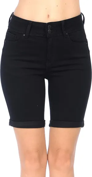 WAX JEAN Women's Juniors Butt I Love You High Rise Push-Up 2 Button Bermuda Denim Shorts