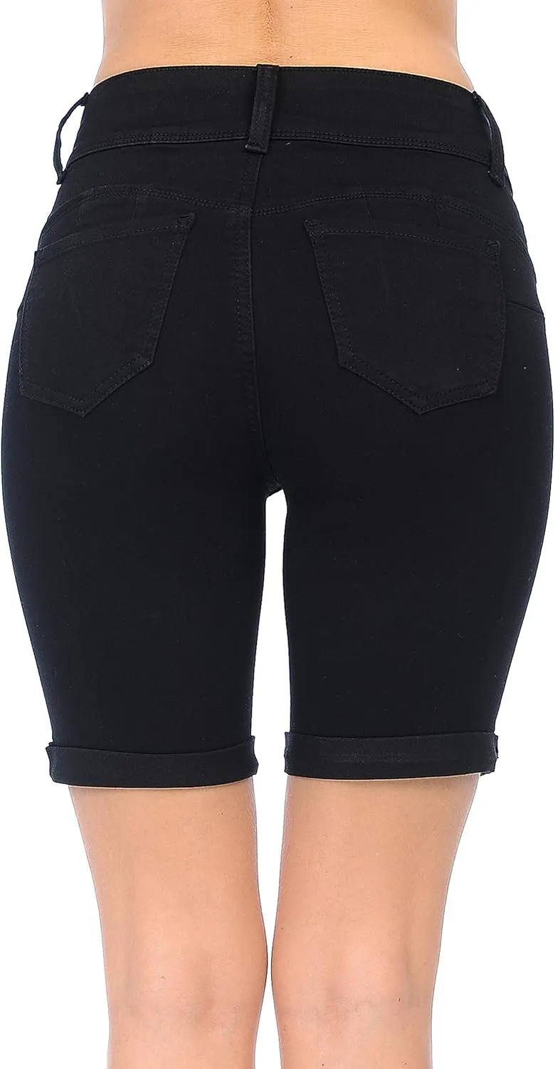 WAX JEAN Women's Juniors Butt I Love You High Rise Push-Up 2 Button Bermuda Denim Shorts