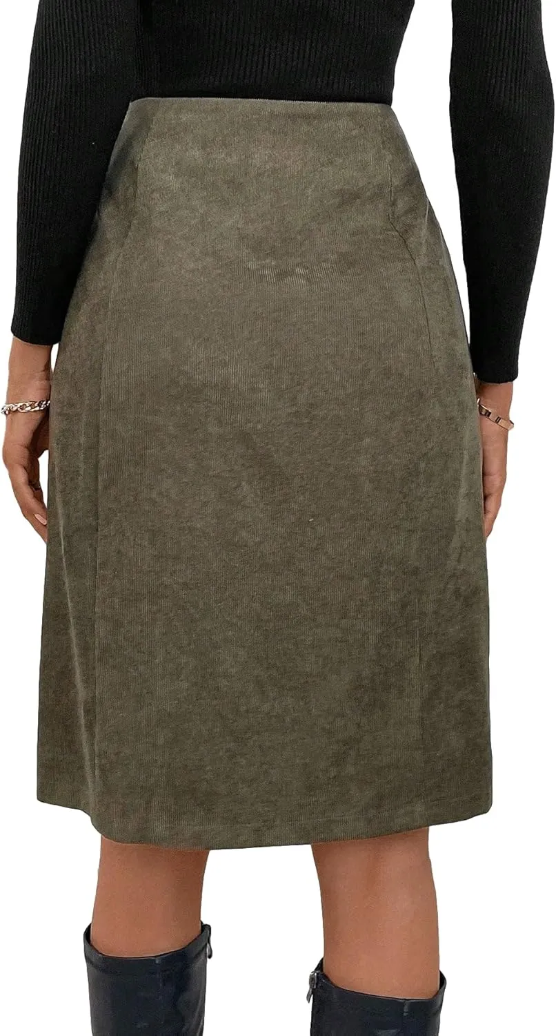 WDIRARA Women's High Waist Button Front Corduroy Midi Skirt Casual Skirts