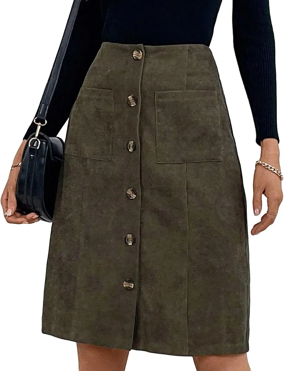 WDIRARA Women's High Waist Button Front Corduroy Midi Skirt Casual Skirts