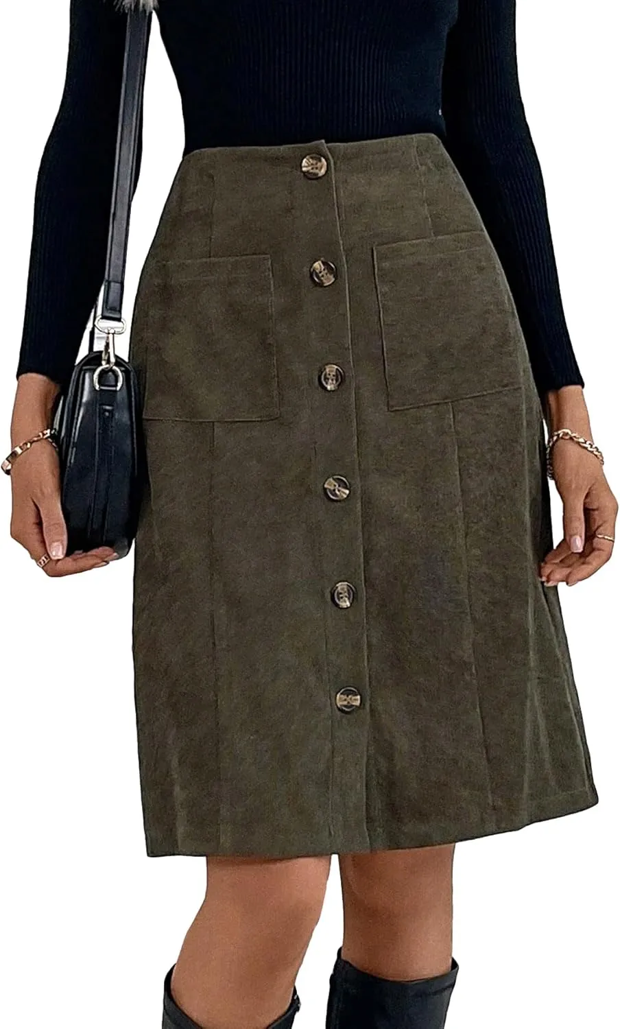 WDIRARA Women's High Waist Button Front Corduroy Midi Skirt Casual Skirts