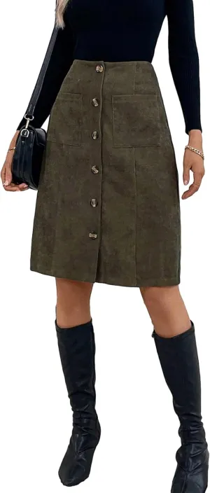WDIRARA Women's High Waist Button Front Corduroy Midi Skirt Casual Skirts