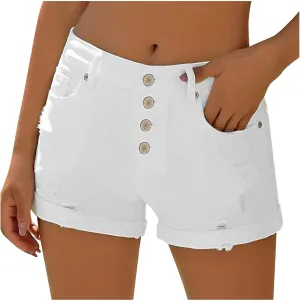 White Jean Shorts for Women Mid Rise Trendy Casual Summer Stretchy Ripped Denim Shorts Fashion Button Cuffed Shorts