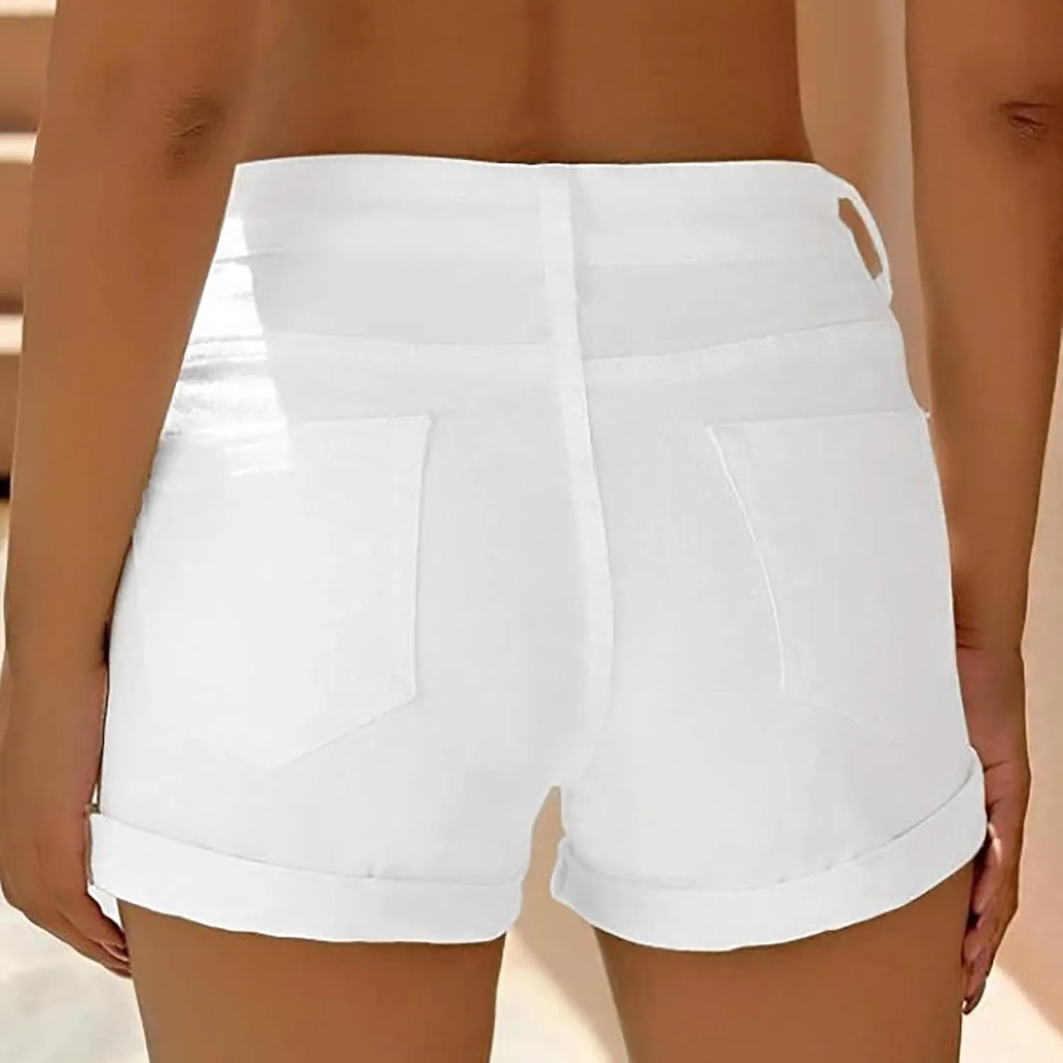 White Jean Shorts for Women Mid Rise Trendy Casual Summer Stretchy Ripped Denim Shorts Fashion Button Cuffed Shorts