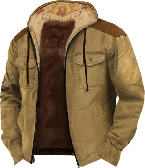 Winter Coats For Men Solid Hooded Zipper Warm Cardigan Knitted Coat Washed Duck Sherpa-Lined Utility Jacket Peacoat