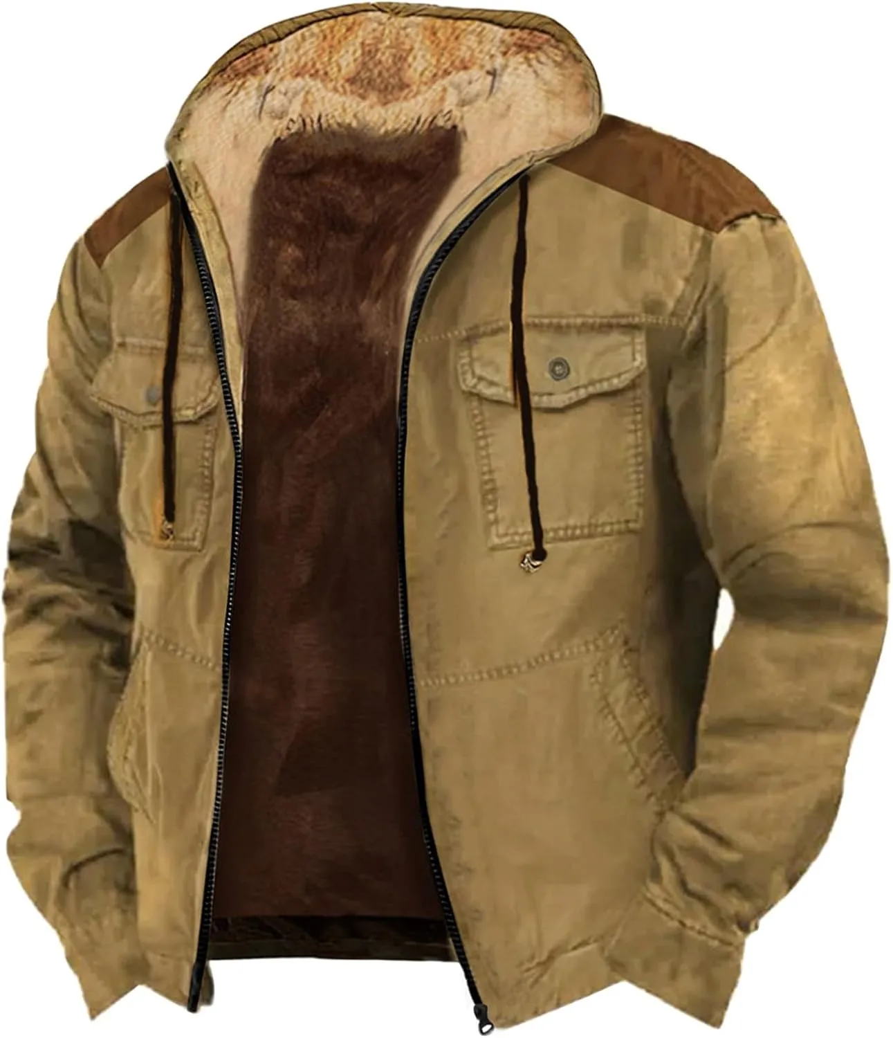 Winter Coats For Men Solid Hooded Zipper Warm Cardigan Knitted Coat Washed Duck Sherpa-Lined Utility Jacket Peacoat