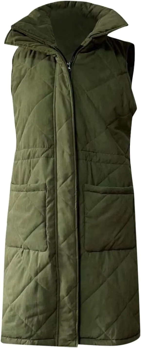 Winter Vest for Women Solid Lapel Zip Up Mid-Length Slim Fit Jackets Fall Winter Trendy Plus Size Quilted Jacket