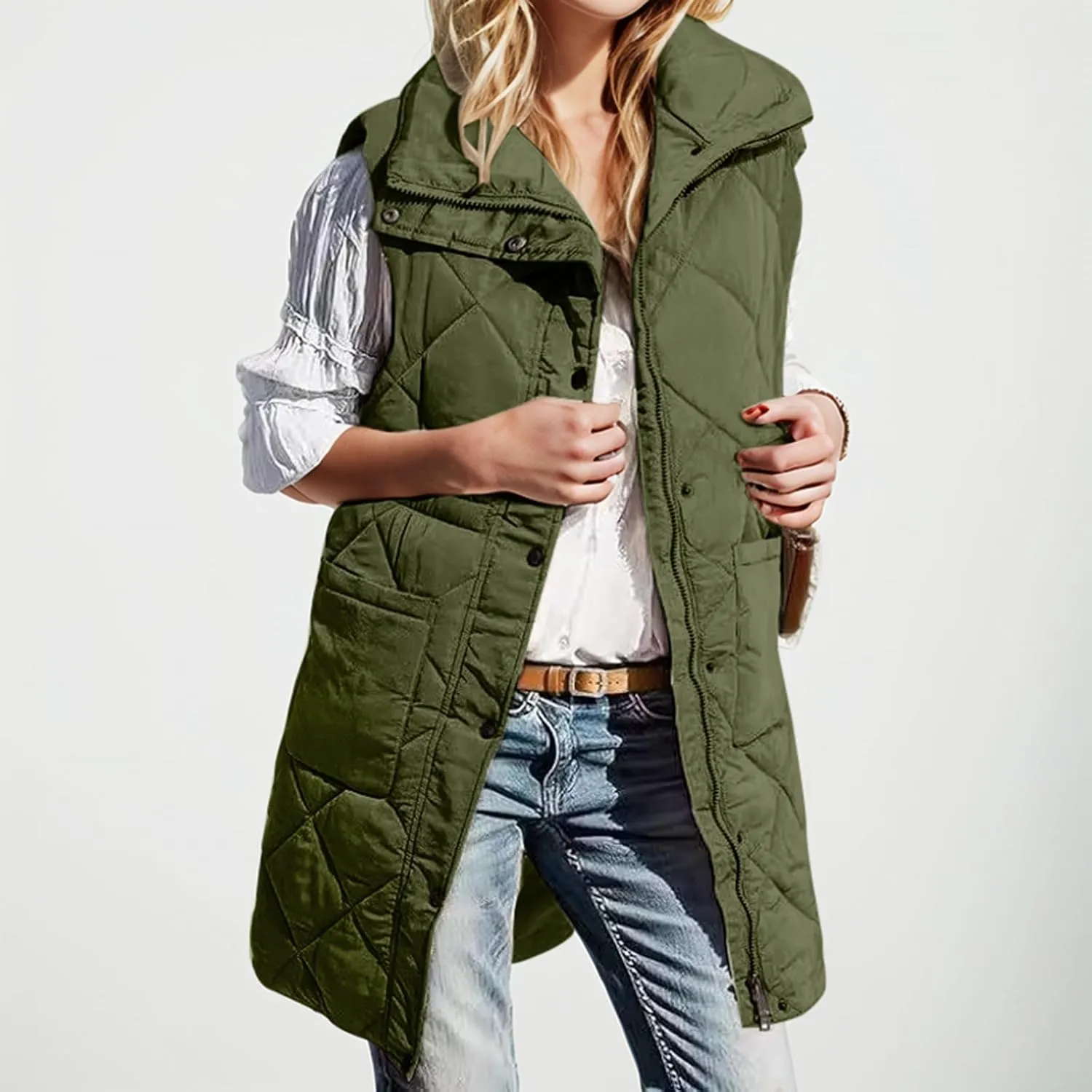 Winter Vest for Women Solid Lapel Zip Up Mid-Length Slim Fit Jackets Fall Winter Trendy Plus Size Quilted Jacket