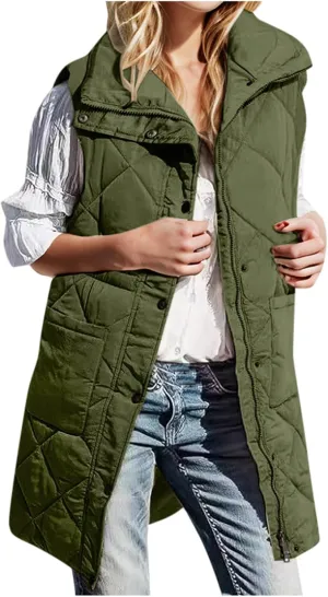 Winter Vest for Women Solid Lapel Zip Up Mid-Length Slim Fit Jackets Fall Winter Trendy Plus Size Quilted Jacket