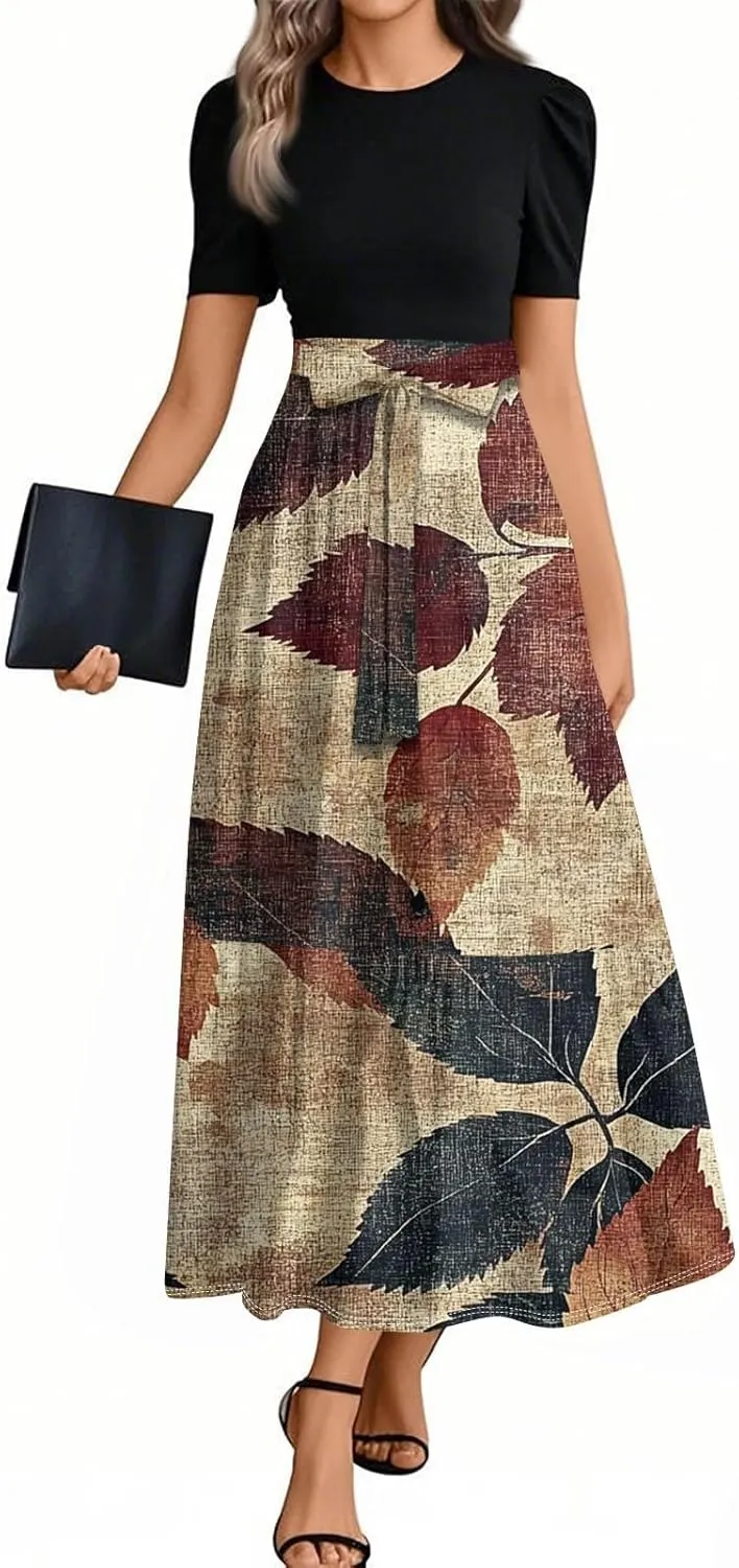 Women 2025 Floral Print Wrap Short Sleeve Maxi Dress- Patchwork Ruffle Hem A Line Dress Wedding Guest Dresses