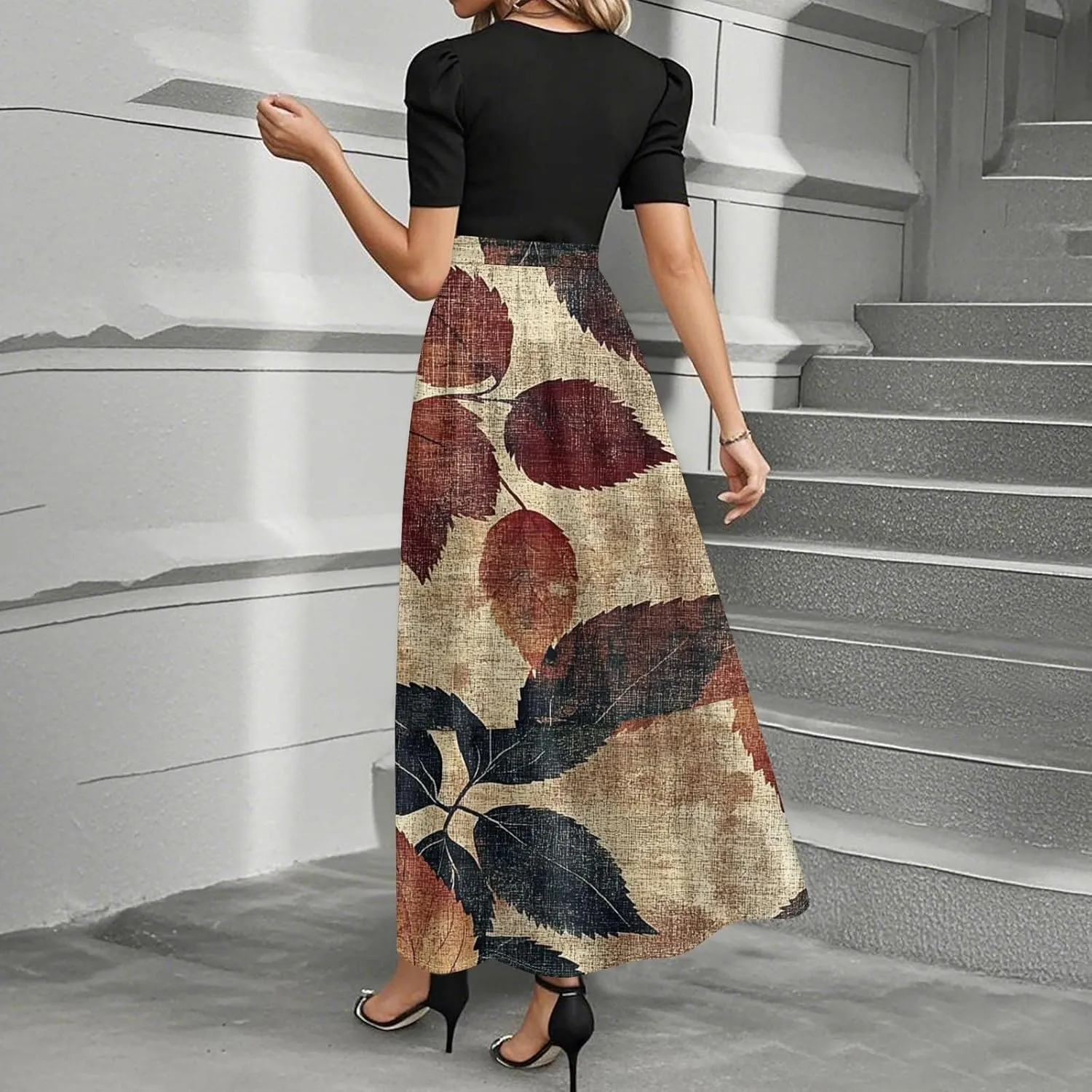 Women 2025 Floral Print Wrap Short Sleeve Maxi Dress- Patchwork Ruffle Hem A Line Dress Wedding Guest Dresses