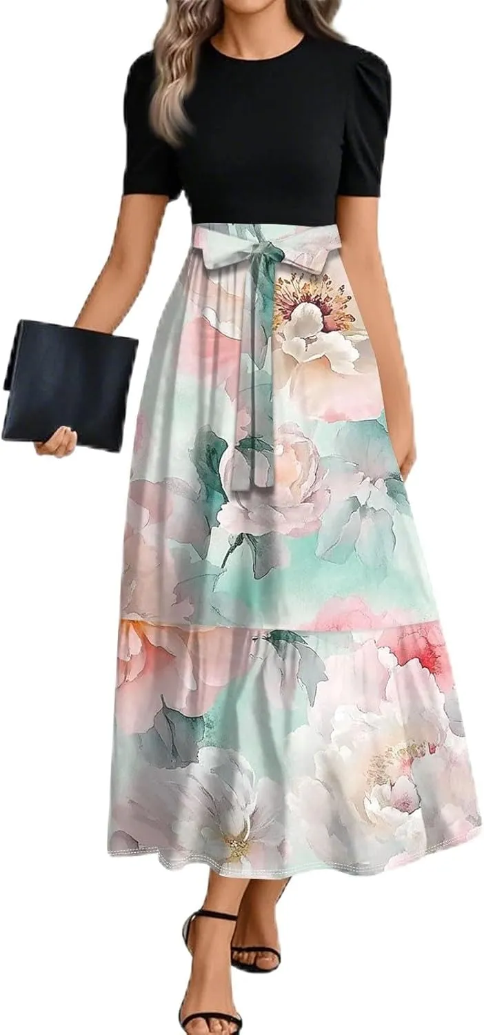 Women 2025 Floral Print Wrap Short Sleeve Maxi Dress- Patchwork Ruffle Hem A Line Dress Wedding Guest Dresses