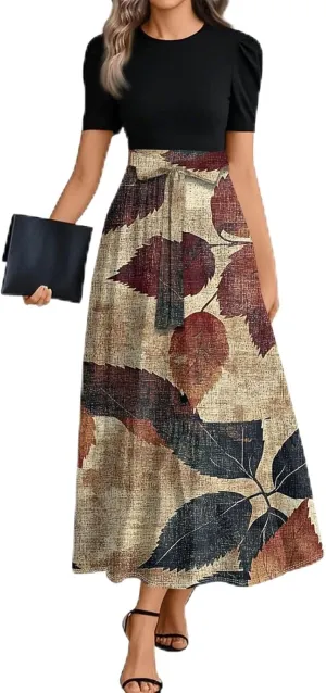 Women 2025 Floral Print Wrap Short Sleeve Maxi Dress- Patchwork Ruffle Hem A Line Dress Wedding Guest Dresses
