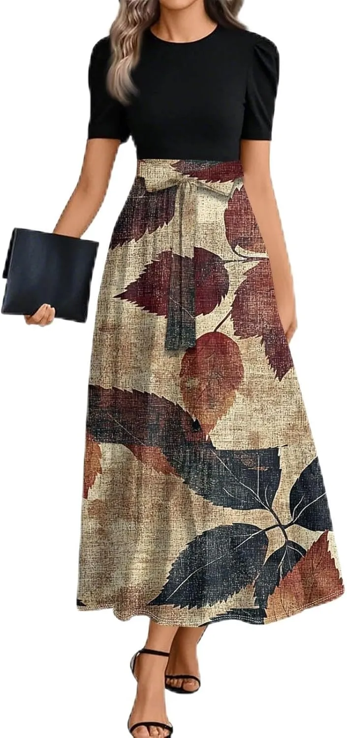 Women 2025 Floral Print Wrap Short Sleeve Maxi Dress- Patchwork Ruffle Hem A Line Dress Wedding Guest Dresses