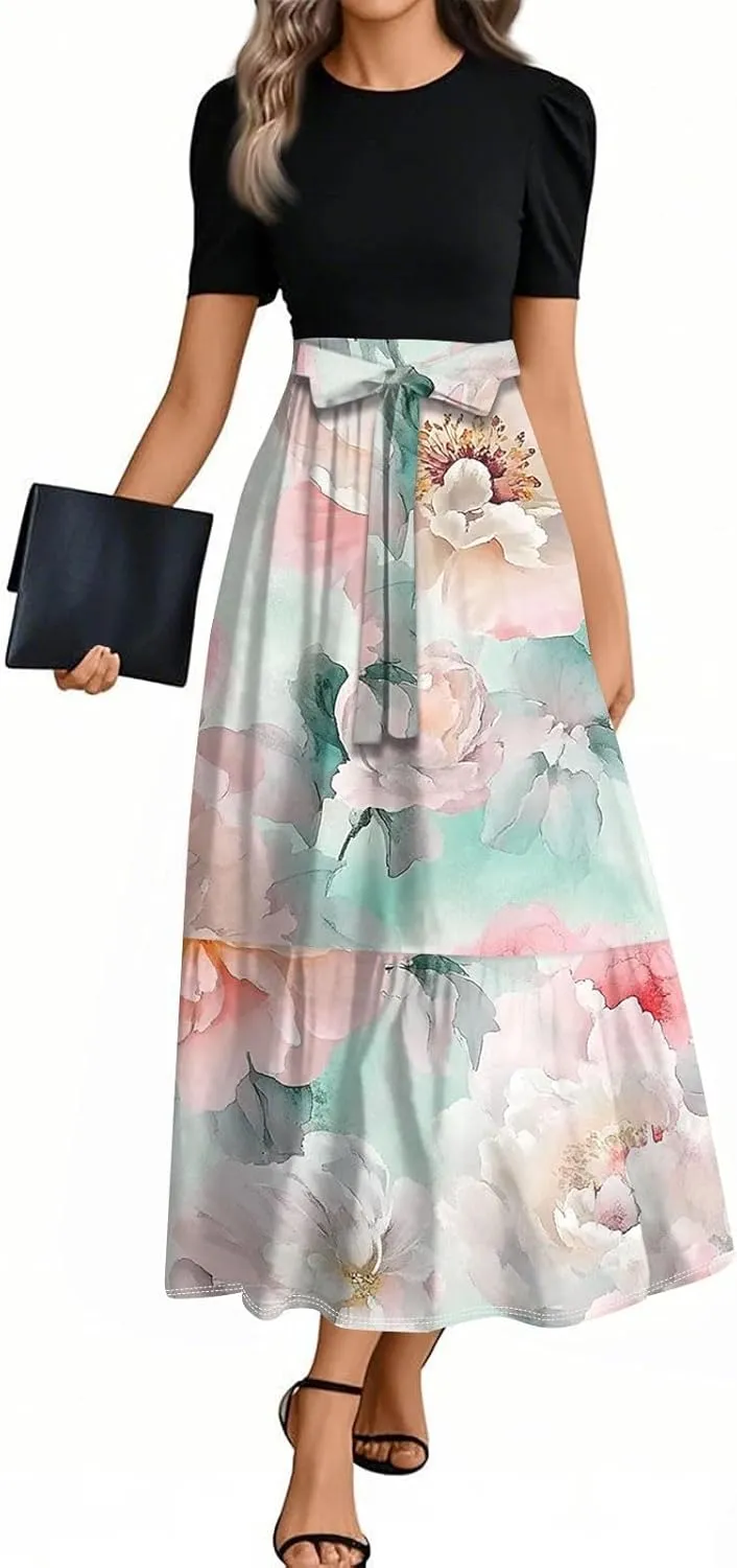 Women 2025 Floral Print Wrap Short Sleeve Maxi Dress- Patchwork Ruffle Hem A Line Dress Wedding Guest Dresses