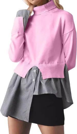 Women Asymmetrical Patchwork Sweaters Slit Turtleneck Pullover Sweater Dress 2 in 1 Sweater Shirt Tunic Sweater Tops