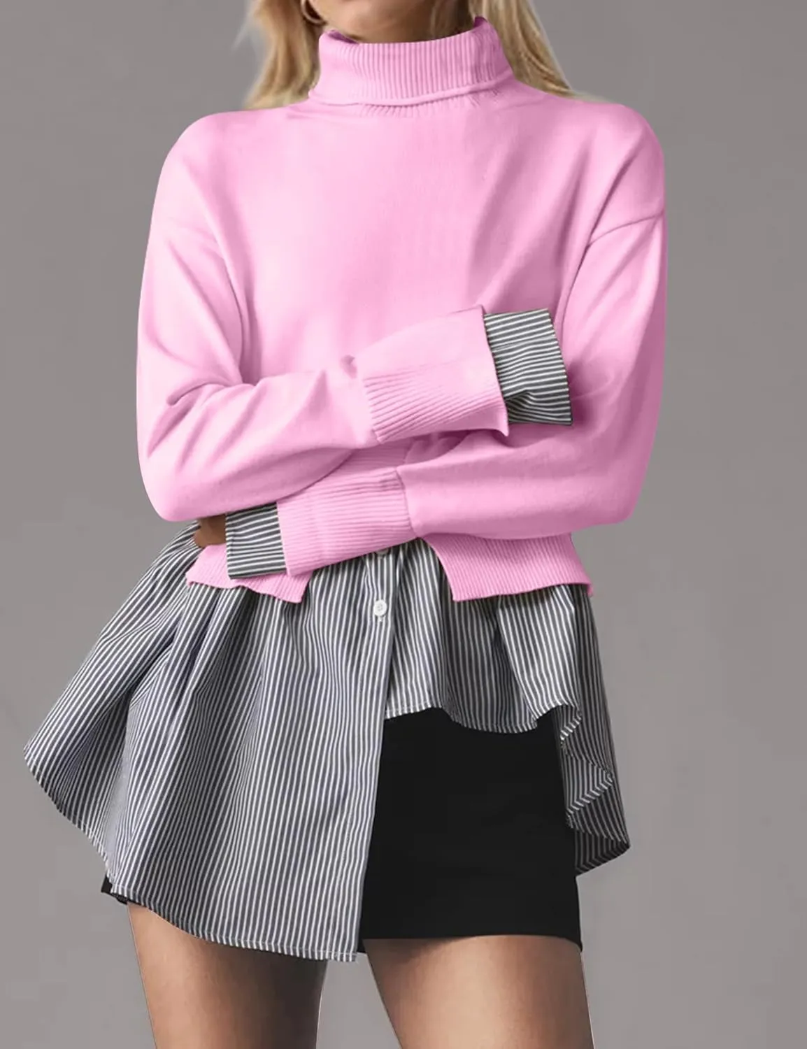 Women Asymmetrical Patchwork Sweaters Slit Turtleneck Pullover Sweater Dress 2 in 1 Sweater Shirt Tunic Sweater Tops