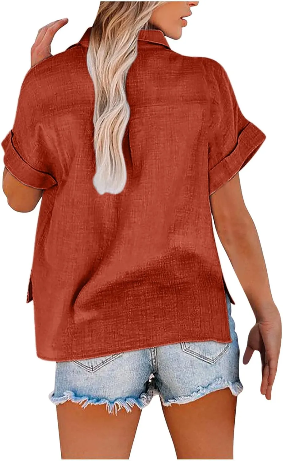 Women Cotton Linen Shirts with Pockets Casual Solid Short Sleeve Button Down Blouse Tunic Shirt Summer Tops Plus Size
