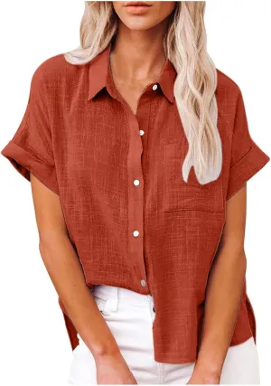 Women Cotton Linen Shirts with Pockets Casual Solid Short Sleeve Button Down Blouse Tunic Shirt Summer Tops Plus Size